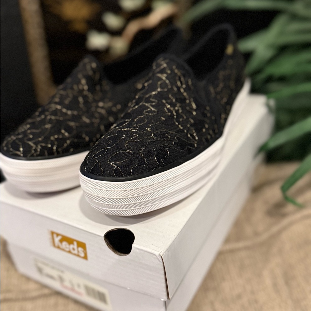 Keds Triple Decker Lace Celebrations Slip On Black with Gold Stitching